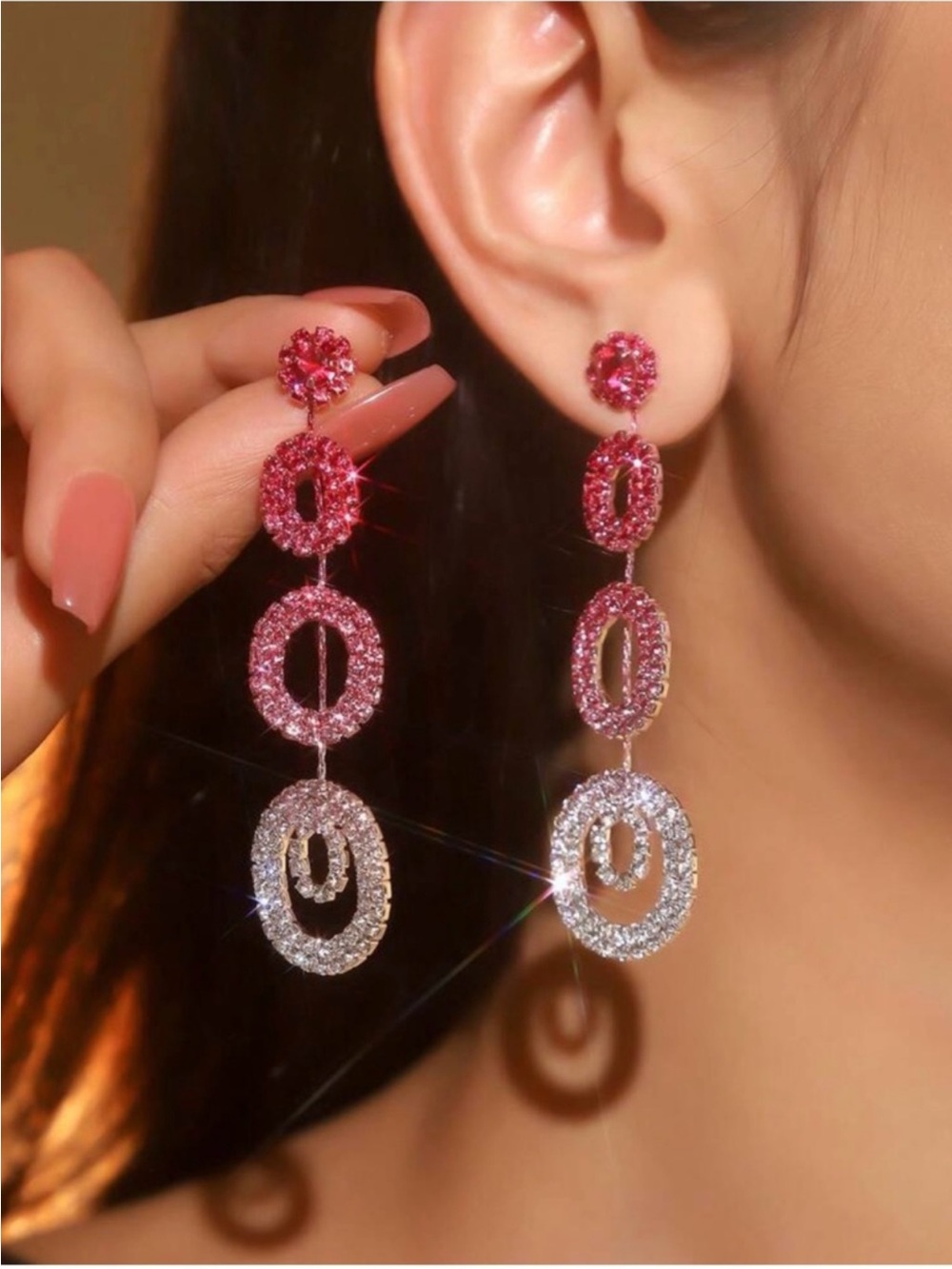 Pink & Silver Crystal Drop Earrings - Elegant Women's Jewelry
